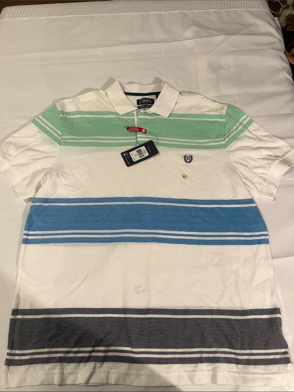 Chaps Men’s White Polo with Mint, Blue and Gray Stripes
